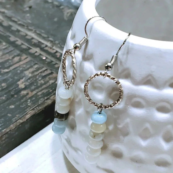 Amazonite Gemstone Rondelle Beads Textured Silver Ring Handcrafted Earrings - Picture 7 of 11